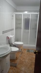 a white bathroom with a toilet and a shower at Miguel y Rosa Lúcar in Lúcar