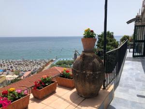 d'un balcon avec des pots de fleurs et une vue sur l'océan. dans l'établissement Il Carrubo, à Vietri