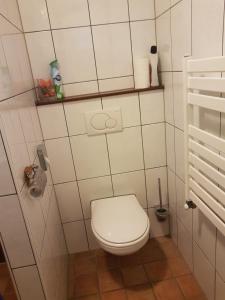 bagno con servizi igienici e parete piastrellata bianca di Boerderij Hazenveld a Kockengen Altre 70 foto