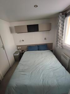 a bedroom with a bed with blue pillows and a window at mobilhome 741 Les Charmettes in Les Mathes