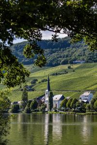 una chiesa sulla riva di un lago con colline verdi di Kettern Urlaub a Piesport