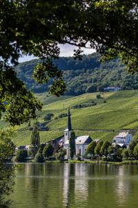 eine Kirche am Ufer eines Sees mit grünen Hügeln in der Unterkunft Kettern Urlaub in Piesport