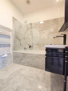 a bathroom with a shower and a sink at Studio Hadersdorf near Train station with Free Parking in Hadersdorf am Kamp