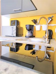 a kitchen counter with a sink and a microwave at Studio Hadersdorf near Train station with Free Parking in Hadersdorf am Kamp