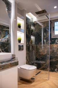 een badkamer met een douche, een toilet en een wastafel bij SithoniaRS Luxury Ground Floor Apartment With Private Garden in Neos Marmaras