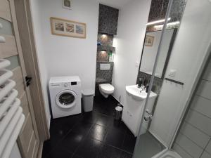 małą łazienkę z toaletą i umywalką w obiekcie Apartament Bukowy w Wejherowie