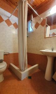 a bathroom with a shower and a toilet and a sink at Rodon Garden Centre in Sarti