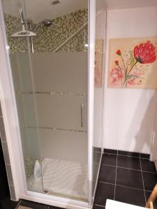 La salle de bains est pourvue d'une douche avec une porte en verre. dans l'établissement LE PANORAMA, à Voiron