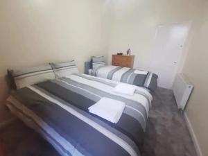 Lovely one bedroom Apartment in Glasgow City في غلاسكو: غرفة نوم بسريرين بخطوط زرقاء وبيضاء