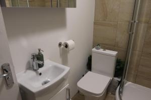 a bathroom with a toilet and a sink and a shower at Bow House - SleepyLodge in London
