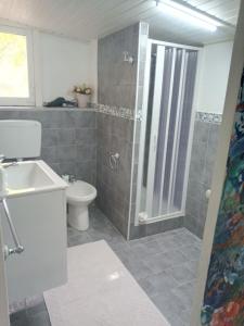 a bathroom with a shower and a toilet and a sink at Green Cottage in Agrigento