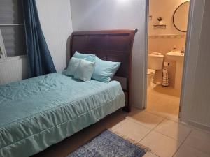 1 dormitorio con 1 cama con almohadas azules y baño en Villa zoe house near rincon, en Anasco