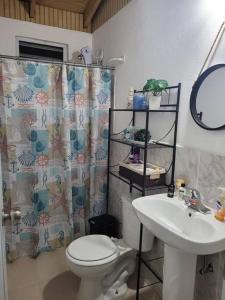 La salle de bains est pourvue de toilettes et d'un lavabo. dans l'établissement Villa zoe house near rincon, à Anasco