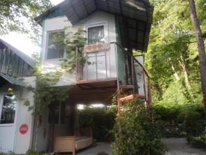 une maison dans les arbres avec un balcon dans l'établissement Robinson Crusoe, à Lagodekhi