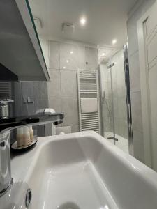a bathroom with a large white sink and a shower at Bnb apartment Ferrara in Udine