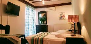 a bedroom with a bed and a lamp and a television at Afrodite Hotel Apartments in Myrina