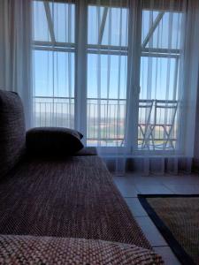 ein Wohnzimmer mit einem großen Fenster und einem Sofa in der Unterkunft Wildflower Apartment in Balatonfüred