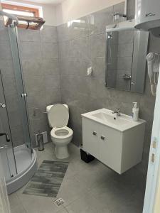 a bathroom with a toilet and a sink and a shower at Casa Simionov in Băile Herculane