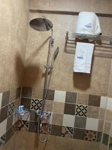 a shower in a bathroom with a tile floor at Nataaha Hotels in Mbarara