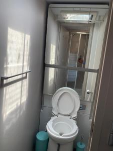 La petite salle de bains est pourvue de toilettes et d'un miroir. dans l'établissement Caravans through the nature, à Mikhmoret