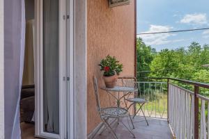 a balcony with two chairs and a table with a potted plant at Luxury apartment Malpensa in Cardano al Campo