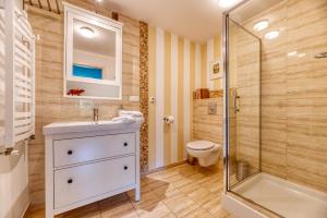 W łazience znajduje się prysznic, umywalka i toaleta. w obiekcie Miętowe Wzgórze B&B w mieście Sucha