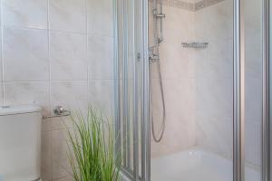 eine Dusche mit Glastür im Badezimmer in der Unterkunft 50137 "Deichkajüte 6" in Carolinensiel + 3 Fotos