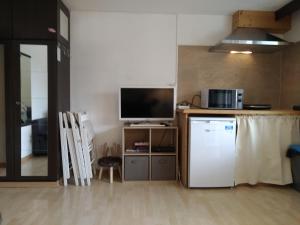 Una sala de estar con refrigerador y televisor. en Studio appartement avec piscine, ski Porte du soleil Morgins, PS3 games, wash & bring sheets, en Morgins