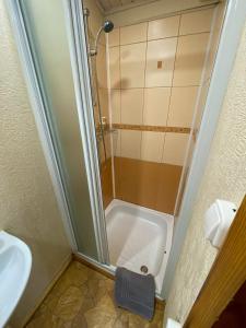 a small bathroom with a shower and a sink at Olle Holiday house in Ventspils