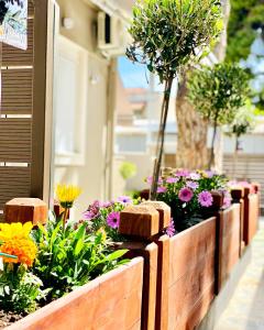 a garden with flowers in a wooden planter at Phoenix Garden Apartments II in Athens