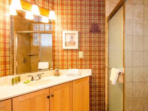 a bathroom with a sink and a shower at Grand Superior Lodge in Castle Danger