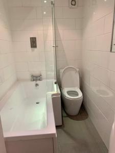 a bathroom with a toilet and a tub and a sink at Lovely 2 bedroom modern loft apartment sea view in Morecambe