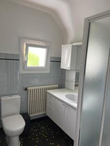 a bathroom with a toilet and a sink and a window at The Cuban & SPA Privé in Perros-Guirec