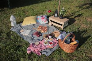 een picknickdeken met eten en een mand met eten bij Apartment Amigo in Sirova Katalena