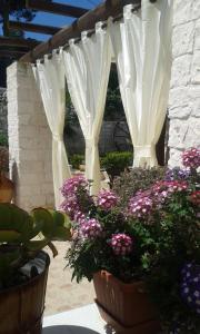 eine Pergola mit weißen Vorhängen und ein paar Blumen in der Unterkunft Al Trulletto in Ceglie Messapica