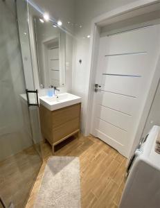 un bagno con lavandino e specchio di Apartamenty Marea Rentals Aquarius Ustka a Ustka Altre 19 foto