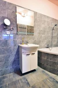 een badkamer met een wastafel, een spiegel en een bad bij NIKA beds in Pardubice