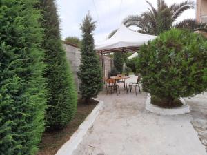 a patio with a table and chairs and trees at Green House in Tsikhisdziri
