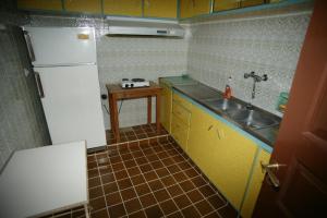 een kleine keuken met een wastafel en een koelkast bij Eugenia villa in Lindos