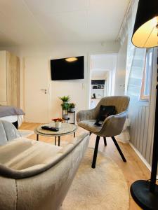 a living room with a couch and chairs and a tv at Schulz Apartments Zentrum in Bonn