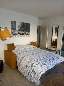 1 dormitorio con 1 cama grande y 1 sofá en Appart plein centre, balcon, 4 personnes, en Sedan