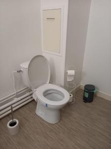 a bathroom with a white toilet in a room at Appart plein centre, balcon, 4 personnes in Sedan