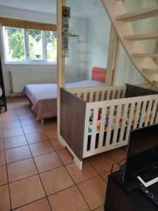 a bedroom with a crib and a bunk bed at Gastenhuis de Veenstraal Gieterveen in Gieterveen