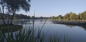 a large lake with a dock in the middle of it at Highland Accommodation Bavaria in Weilheim in Oberbayern +5 photos