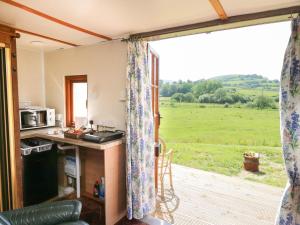 a kitchen with a view of a green field at Hawthorn Hut in Llanidloes