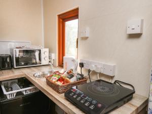 a kitchen with a counter with a microwave and a sink at Hawthorn Hut in Llanidloes