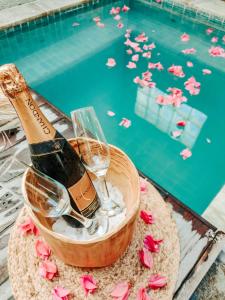Malai Boutique Hotel في فورتاليزا: زجاجة من الشمبانيا في دلو بجوار حمام السباحة