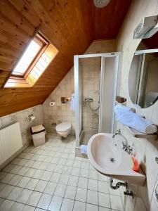 Hotel Pension Balthasar في Müden: حمام مع حوض ومرحاض