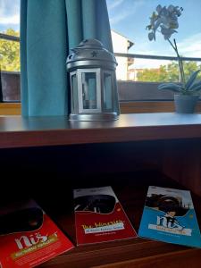 two books sitting on a shelf next to a window at Melinaki in Niš