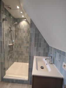 La salle de bains est pourvue d'un lavabo et d'une douche. dans l'établissement Nachtegael Zomerhuis, idyllische woning in de Vlaamse Ardennen, à Kluisbergen